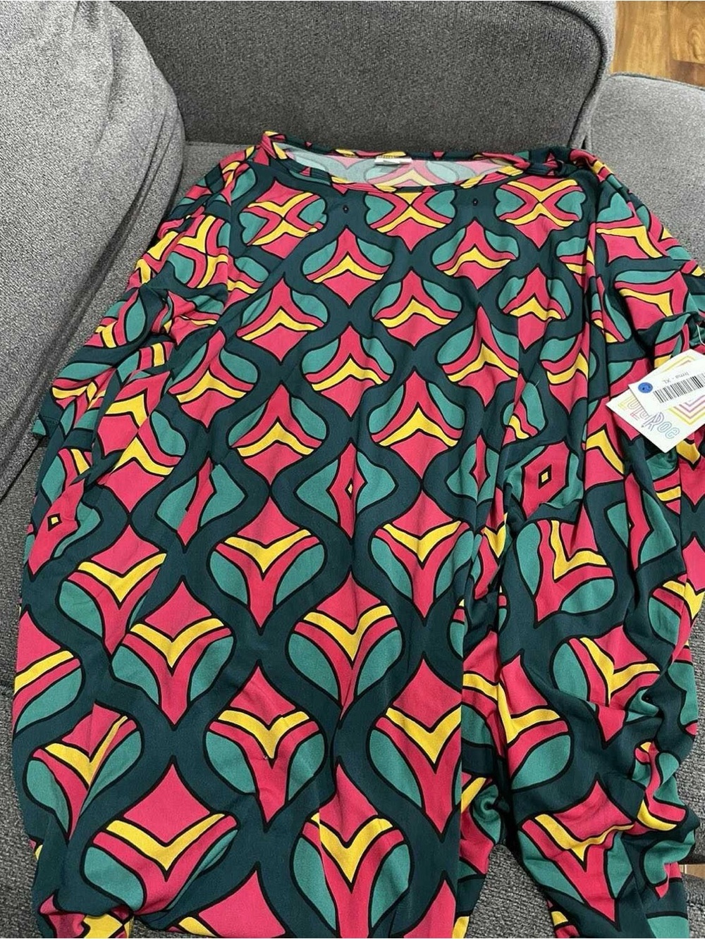 LuLaRoe Irma Tunic Top in Teal, Pink & Yellow Geometric Print